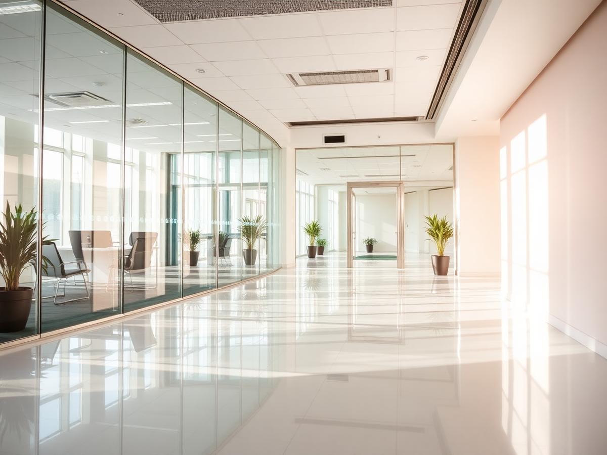 Spotless commercial office corridor with gleaming hard floors