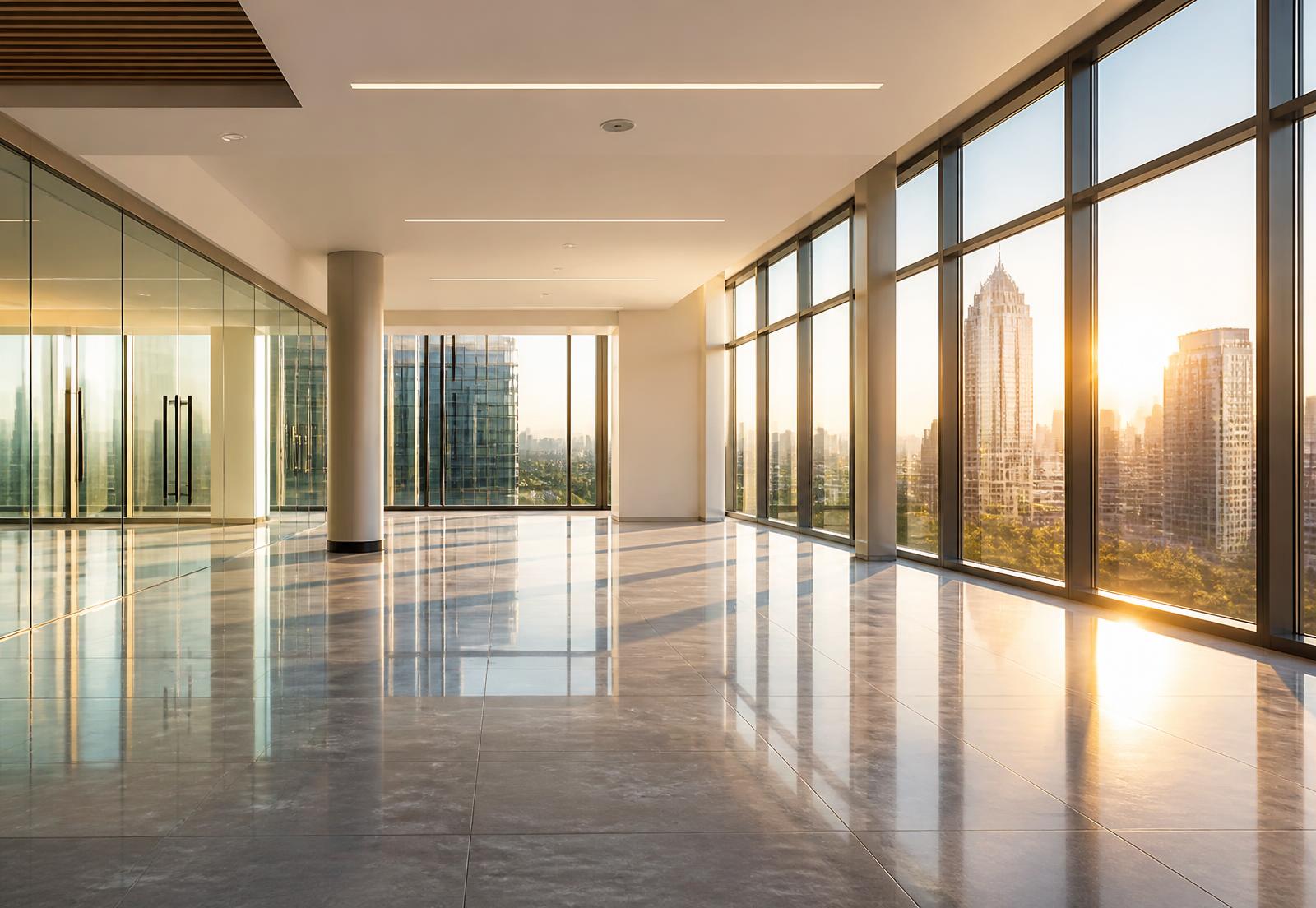 Pristine modern commercial office space with polished floors and floor-to-ceiling windows